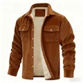 Detailed close-up of men's brown corduroy jacket featuring warm white fleece lining - 3XL / Tops / Brown