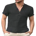 Men's loose fit cotton linen polo shirt featuring half-button placket and chest pocket. - S / Tops / Black