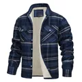 Men's blue plaid flannel shirt jacket with warm fleece lining and buttons - S / Tops / Navy Plaid