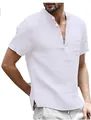 Detail of men's white cotton linen Henley shirt with buttoned collar - S / Tops / White