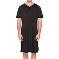 Full view of a black men's long nightgown with short sleeves and a V-neck collar. - M / Robe / Black