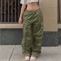 Pantalones cargo para mujer verde oliva con cordón y bolsillos laterales de moda - Verde Militar