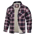 Men's red plaid flannel jacket featuring thick cream fleece lining and button-down front - S / Tops / Wine Red Plaid