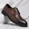 Elegant brown leather men's dress shoes with stylish decorative perforations for formal business - 38 / Hollow Style / Brown