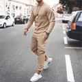 Modern men's solid khaki long sleeve casual sports tracksuit set for spring autumn - Khaki