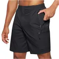 Close-up of black men's cargo shorts with multiple secure zipper pockets for phone - S / Bottoms / Black