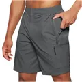 Detail view of gray men's cargo shorts with functional zipper pockets for outdoor utility. - S / Bottoms / Dark Gray