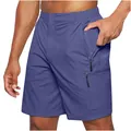 Detail shot of men's cargo shorts with functional zipper pockets in purple-blue. - S / Bottoms / Blue