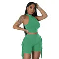 Trendy green sleeveless crop top and fringe shorts two-piece casual set for women. - Green