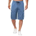 Detailansicht der blauen Herren-Cargo-Shorts aus Baumwolle mit Taschen und Kordelzug - Denim-Blau