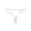 Elegant white lace thong featuring pink trim and a heart-shaped back cutout detail. - S / Bottoms / White