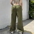 Detailed rear view of women's loose olive green cargo pants with utility pockets - S / Army Green