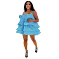 Detail view of a light blue tiered satin mini dress with spaghetti straps and U-neck. - S / Dresses / Light Blue