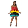 Full body view of a ruffled multi-color satin mini dress with U-neck camisole straps. - S / Dresses / Red