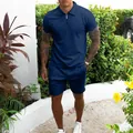 Ensemble décontracté deux pièces bleu marine pour hommes avec polo zippé et short - Bleu foncé
