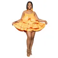Vibrant orange ruffled satin mini dress with spaghetti straps, perfect for parties. - S / Dresses / Orange