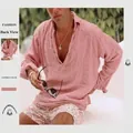 Men's relaxed fit linen cotton blend henley shirt long sleeve v-neck in dusty pink - S / Tops / Pink