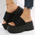 Close-up of black platform sandals with chunky lug sole and square toe design - 36 / Black