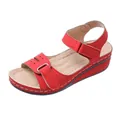 Detailed view of red wedge sandals with adjustable velcro straps and white platform - 37 / Red