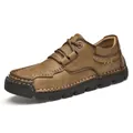 Durable brown leather men's outdoor walking shoes with non-slip rubber soles - 38 / Khaki