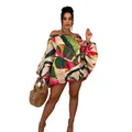Vestido corto con estampado tropical y hombros descubiertos con mangas de farol - S / Vestidos / Albaricoque con hojas verdes
