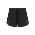 Macro detail of black athletic shorts with red zipper pockets and drawstring waist - Black