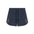 High-quality detailed macro view of navy athletic shorts featuring secure zippered pockets - Navy Blue