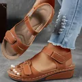 Brown wedge sandals with Velcro straps and decorative laser-cut contrast stitching - Brown