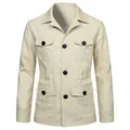 Detalle de chaqueta utilitaria de lino para hombre con cuatro bolsillos y botones - M / Tops / Caqui