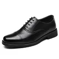 Professional black breathable hollowed-out leather dress shoes with classic cap toe design - Hollow Lace-up Style (1050-1)