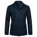 Navy blue men's linen safari jacket with four flap pockets and retro utility style - M / Tops / Navy Blue