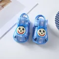 Top-down view showing a pair of blue striped baby sandals with cute cartoon face details - Size 11 (10.5CM) / Smiley Blue Style (LX006)