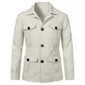 Men's vintage beige linen workwear jacket with multiple utility pockets and buttons - M / Tops / Off White