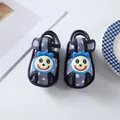 Detail view of navy blue striped soft-sole baby sandals with cute smiley face decoration - Size 11 (10.5CM) / Smiley Black Style (LX006)