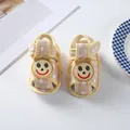Top view detail of soft sole yellow baby sandals with cartoon smiley face design - Size 11 (10.5CM) / Smiley Khaki Style (LX006)