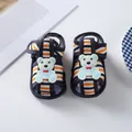 Close-up of soft-soled baby sandals with navy blue stripes and cute bear detail - Size 11 (Inner Length 10.5cm) / Bear Navy Blue Style (LX006)