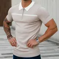 Detail of men's slim fit khaki polo shirt with white collar and zipper neckline - M / Tops / Off White
