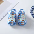 Close-up of blue striped baby sandals with cute light blue bear decoration patches - Size 11 (10.5CM) / Blue Bear Style (LX006)