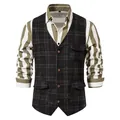 Gilet vintage en tweed pour homme avec motif à carreaux et chemise à rayures chic - Noir