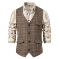 Gilet vintage en tweed marron pour homme avec col en V et boutonnage simple - Kaki