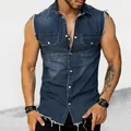 Detailed shot of men's sleeveless distressed denim vest with frayed edges and lapel collar - M / Tops / Blue