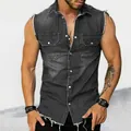 Detail view of a men's slim fit charcoal denim vest featuring a raw frayed hem and lapel - M / Tops / Black