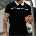 Detail view of men's slim fit polo shirt featuring zipper collar and white stripe - M / Tops / Black