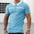 Close-up of men's slim fit light blue polo shirt with white collar and zipper detail. - M / Tops / Light Blue