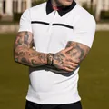 Detail of men's slim fit white polo shirt with contrast black stripe and zipper neck. - M / Tops / White