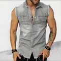 Men's casual grey sleeveless denim muscle vest featuring lapel and distressed hem detail - Gray
