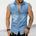 Men's light blue slim fit sleeveless denim vest with raw edges and button pockets - Light Blue