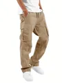Casual men's khaki cargo pants featuring a drawstring waist and multiple large pockets - M / Bottoms / Khaki