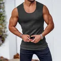 Close-up of men's slim fit ribbed knit tank top showing fabric texture and fit - M / Tops / Dark Gray