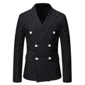 Front view of men's black pinstripe double-breasted suit jacket featuring white buttons - M / Tops / Black